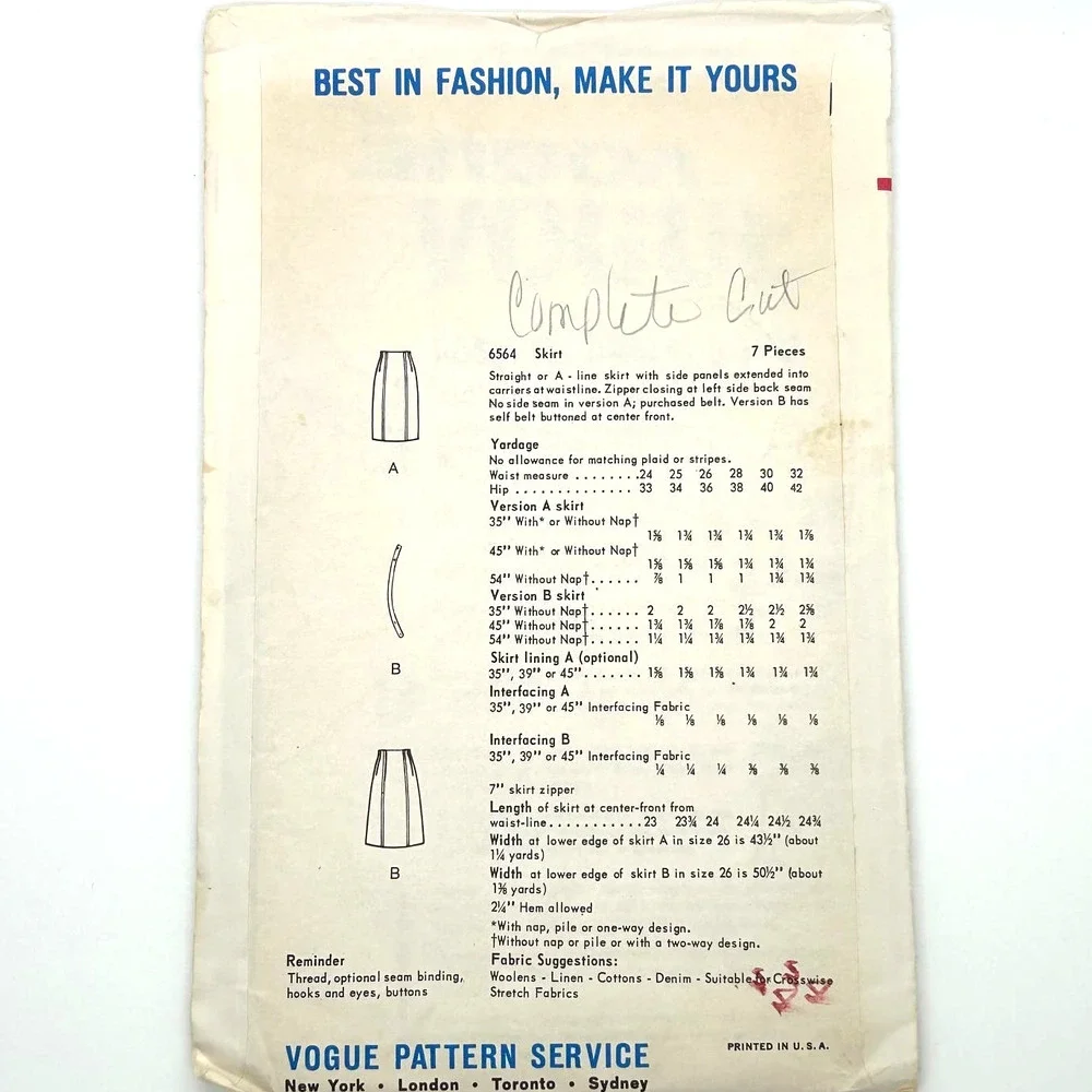 Vogue Vintage 1960's Pattern‎ #6564 Women's Skirt Wasit 28